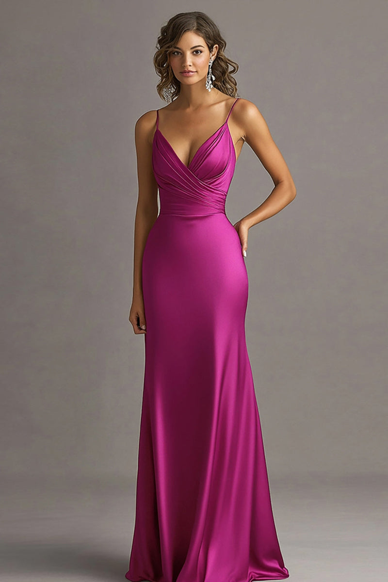 Laden Sie das Bild in den Galerie-Viewer, Fuchsia Satin Sheath Spaghettiträger Lange Abendkleid