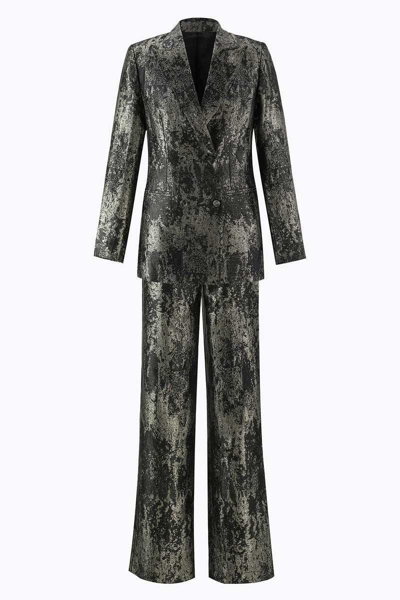 Laden Sie das Bild in den Galerie-Viewer, Schwarz Gold 2 Teilig Festliches Damen Ensemble mit Revers