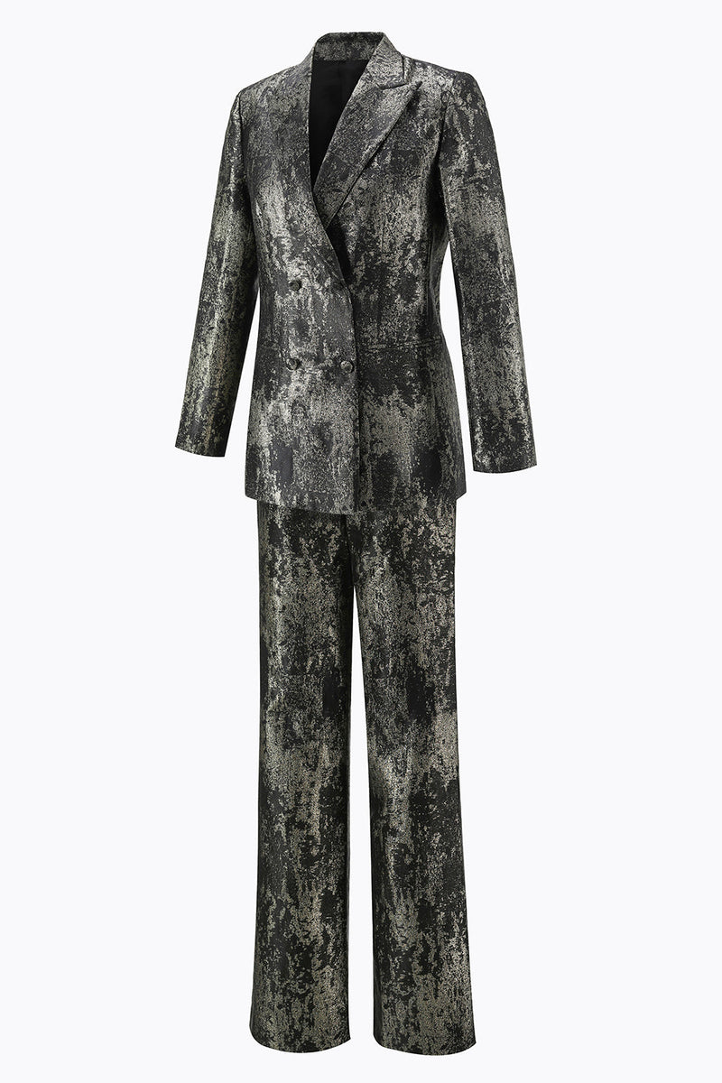 Laden Sie das Bild in den Galerie-Viewer, Schwarz Gold 2 Teilig Festliches Damen Ensemble mit Revers