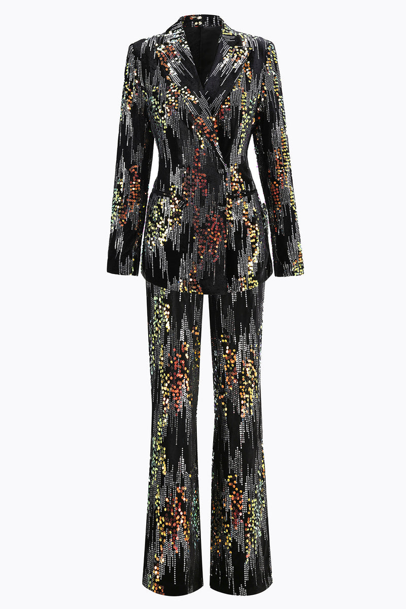 Laden Sie das Bild in den Galerie-Viewer, Glitzernd Schwarz Pailletten 2 Teilig Festliches Damen Ensemble mit Revers