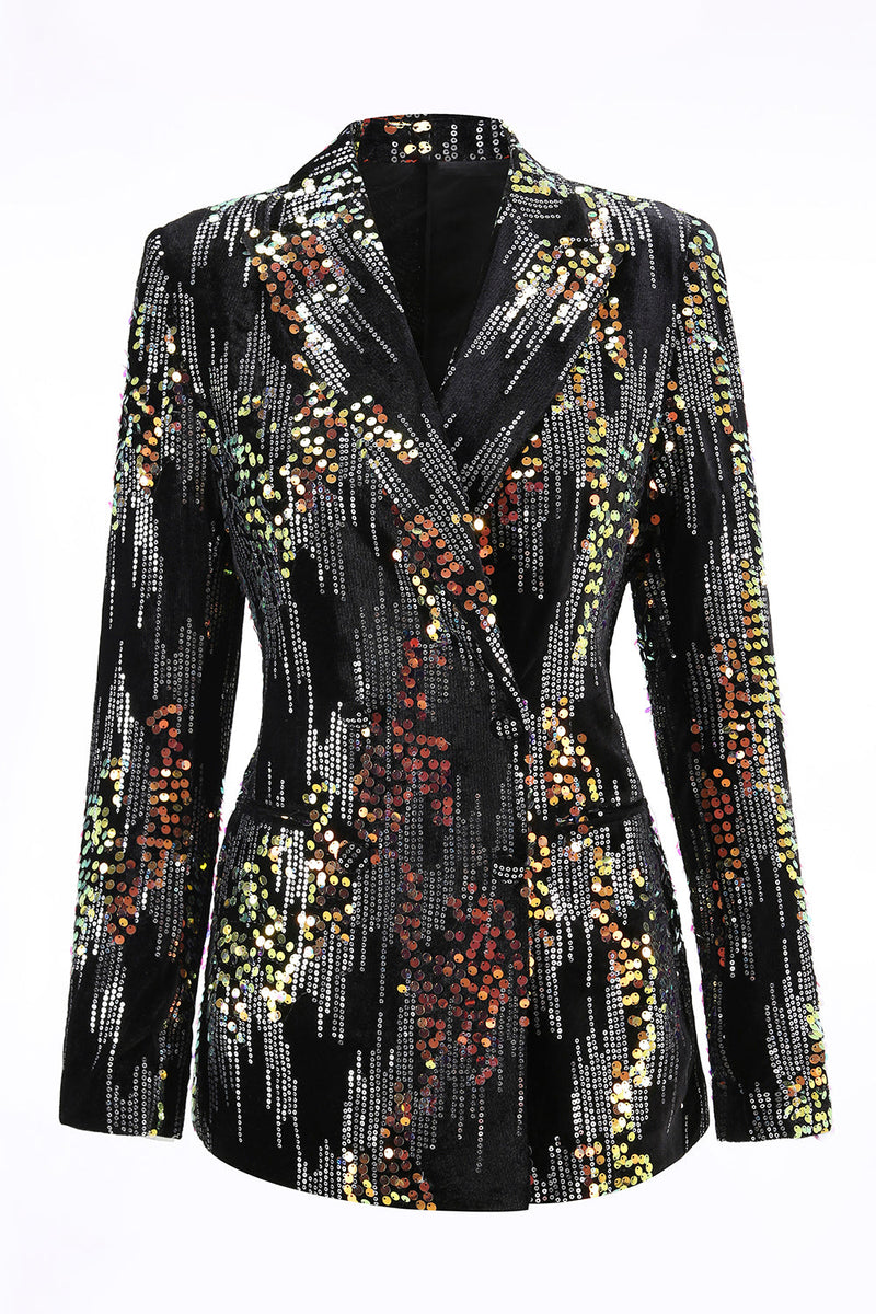 Laden Sie das Bild in den Galerie-Viewer, Glitzernd Schwarz Pailletten 2 Teilig Festliches Damen Ensemble mit Revers