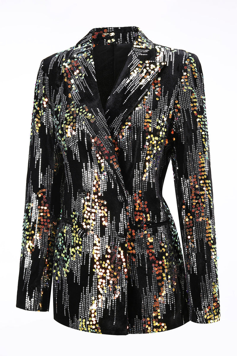 Laden Sie das Bild in den Galerie-Viewer, Glitzernd Schwarz Pailletten 2 Teilig Festliches Damen Ensemble mit Revers