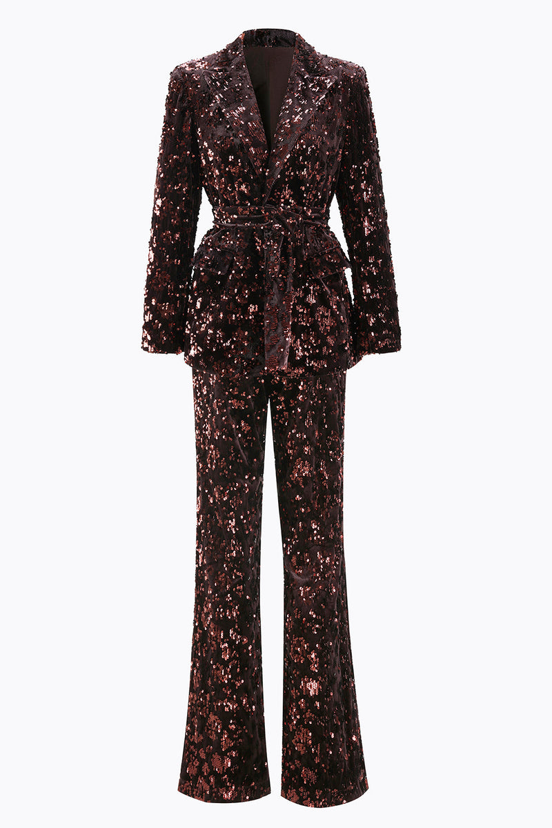 Laden Sie das Bild in den Galerie-Viewer, Glitzernd Kaffee 2 Teilig Pailletten Festliches Damen Ensemble mit Gürtel