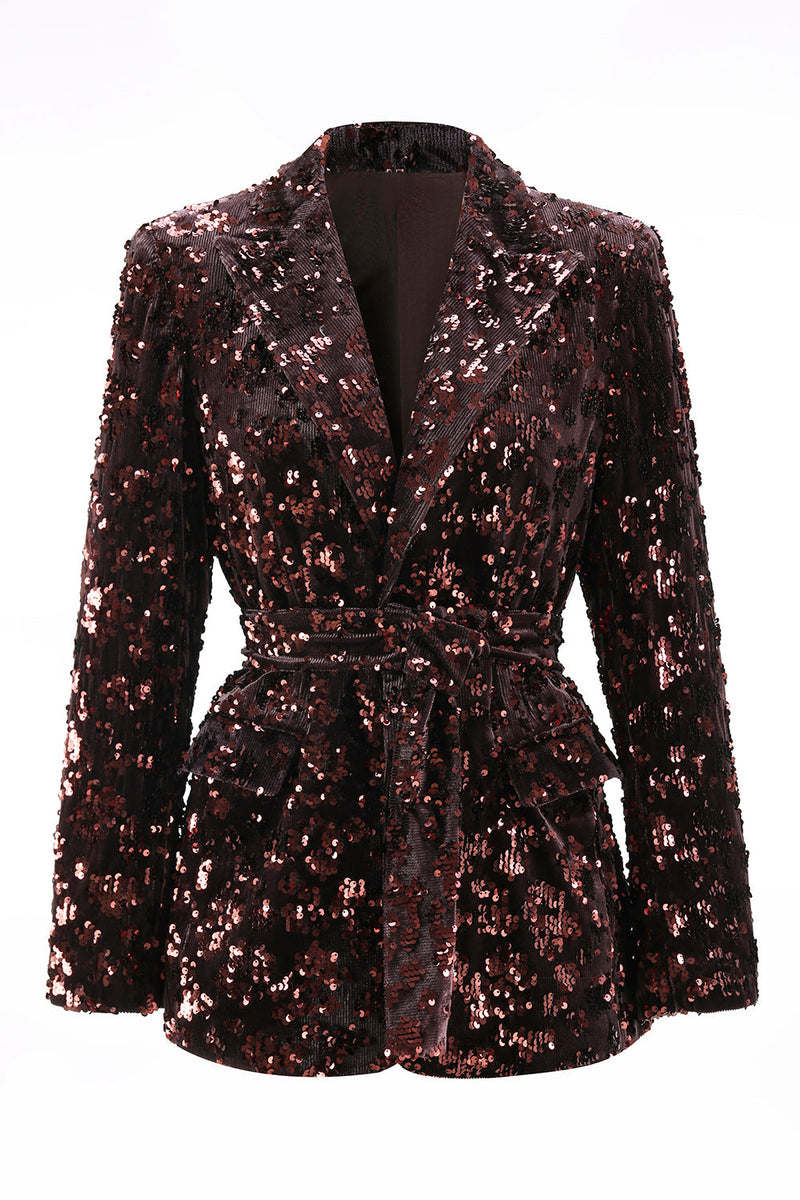 Laden Sie das Bild in den Galerie-Viewer, Glitzernd Kaffee 2 Teilig Pailletten Festliches Damen Ensemble mit Gürtel