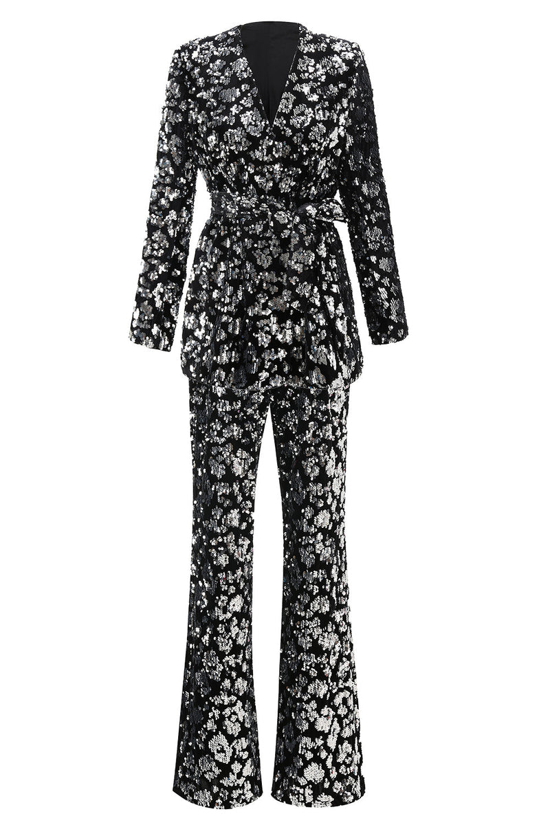 Laden Sie das Bild in den Galerie-Viewer, Glitzer Schwarz 2-teiliges Pailletten Damen-Abendanzug mit Schärpe