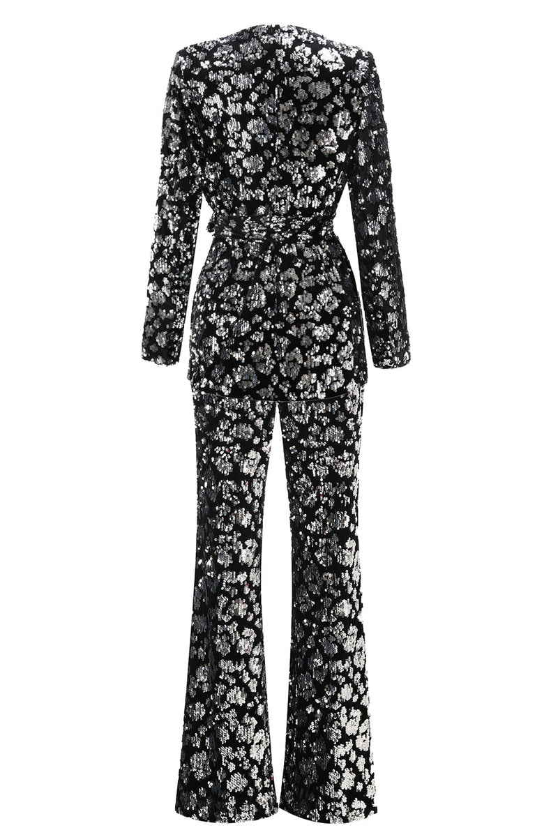 Laden Sie das Bild in den Galerie-Viewer, Glitzer Schwarz 2-teiliges Pailletten Damen-Abendanzug mit Schärpe