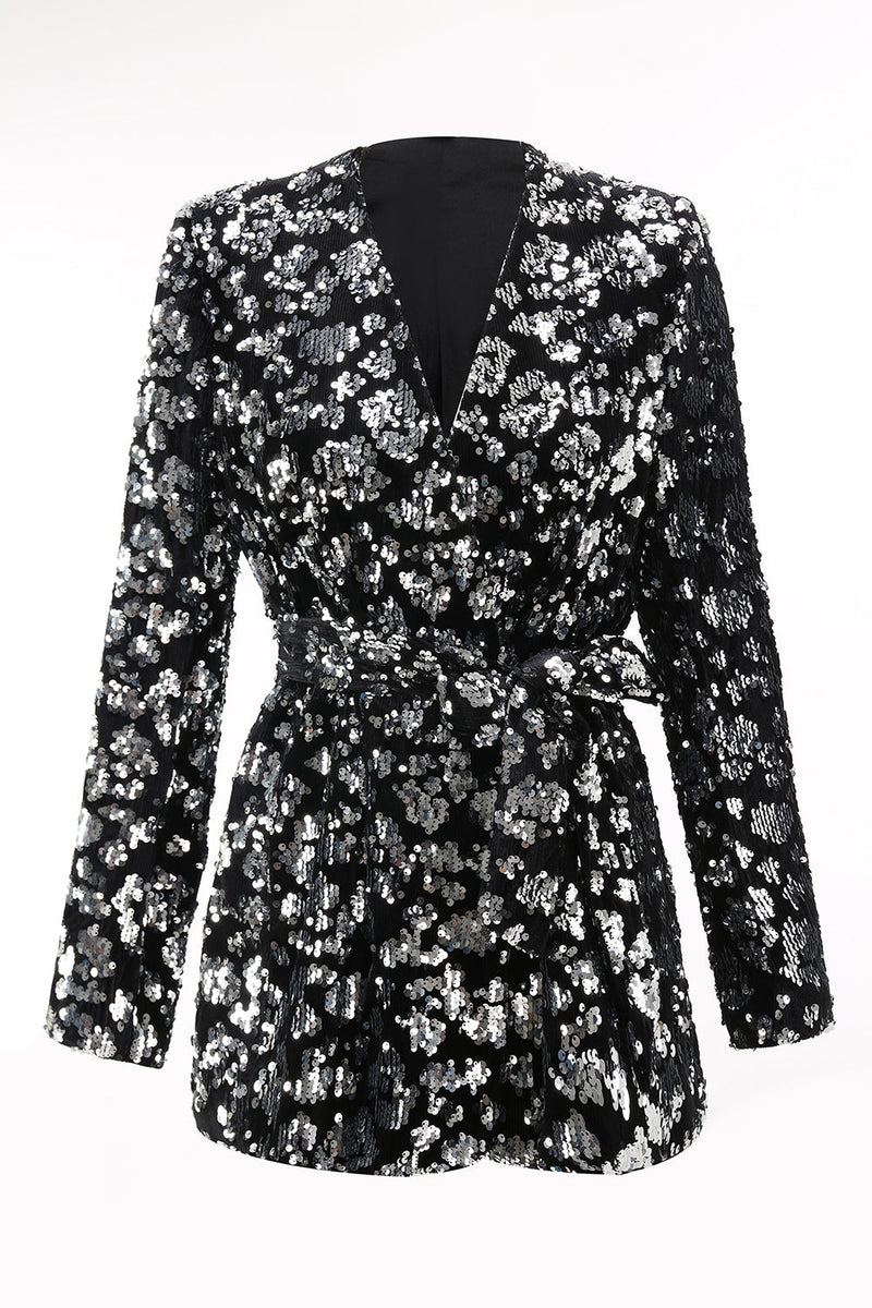 Laden Sie das Bild in den Galerie-Viewer, Glitzer Schwarz 2-teiliges Pailletten Damen-Abendanzug mit Schärpe