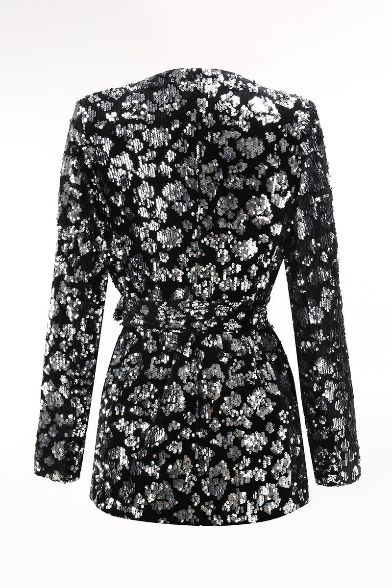 Laden Sie das Bild in den Galerie-Viewer, Glitzer Schwarz 2-teiliges Pailletten Damen-Abendanzug mit Schärpe