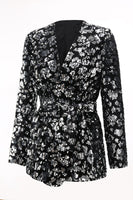 Laden Sie das Bild in den Galerie-Viewer, Glitzer Schwarz 2-teiliges Pailletten Damen-Abendanzug mit Schärpe