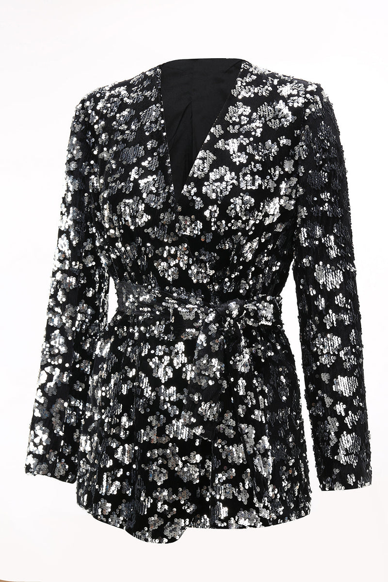 Laden Sie das Bild in den Galerie-Viewer, Glitzer Schwarz 2-teiliges Pailletten Damen-Abendanzug mit Schärpe