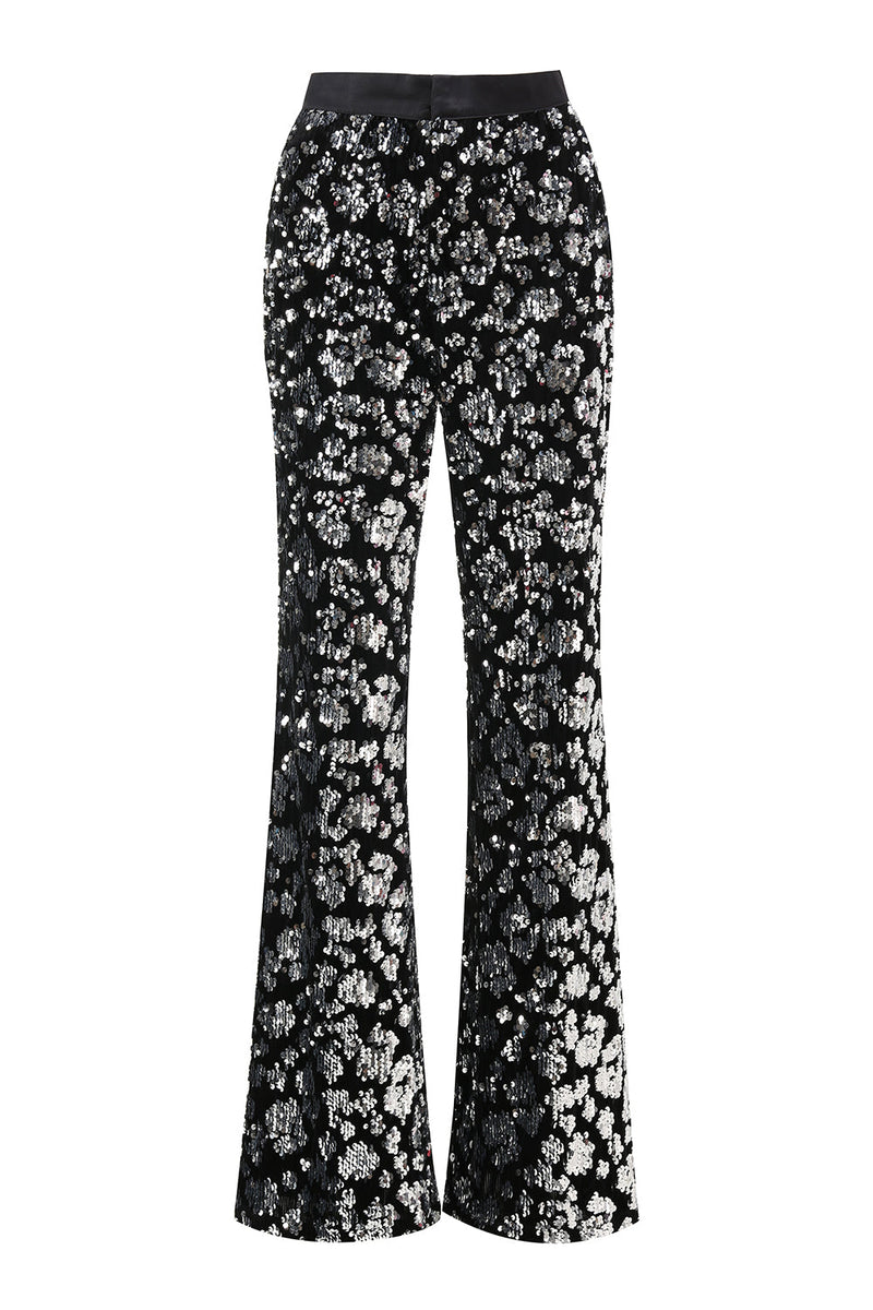 Laden Sie das Bild in den Galerie-Viewer, Glitzer Schwarz 2-teiliges Pailletten Damen-Abendanzug mit Schärpe