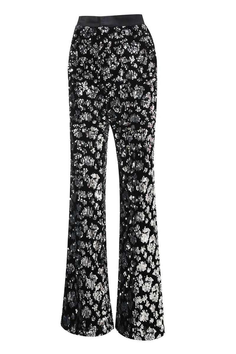 Laden Sie das Bild in den Galerie-Viewer, Glitzer Schwarz 2-teiliges Pailletten Damen-Abendanzug mit Schärpe