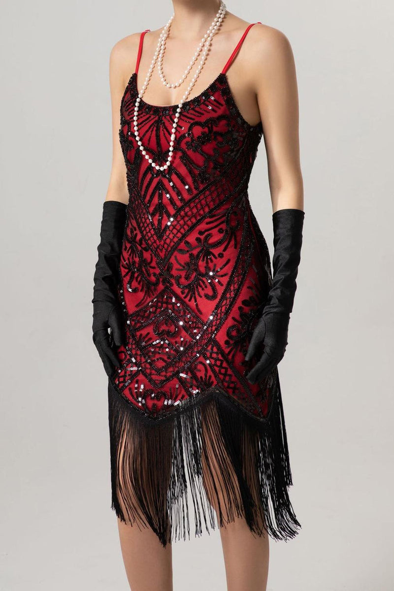 Laden Sie das Bild in den Galerie-Viewer, Glitzernd Schwarz Pailletten Spaghettiträger Bodycon Kurz 20er Jahre Kleid mit Fransen