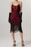 Laden Sie das Bild in den Galerie-Viewer, Glitzernd Schwarz Pailletten Spaghettiträger Bodycon Kurz 20er Jahre Kleid mit Fransen