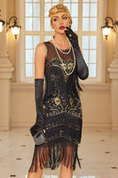 Laden Sie das Bild in den Galerie-Viewer, Glitzernd Aprikose Fransen Bodycon Kurz 20er Jahre Kleid mit Pailletten