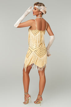 Glitzernd Aprikose Bodycon Rundhalsausschnitt Kurz 20er Jahre Kleid mit Fransen