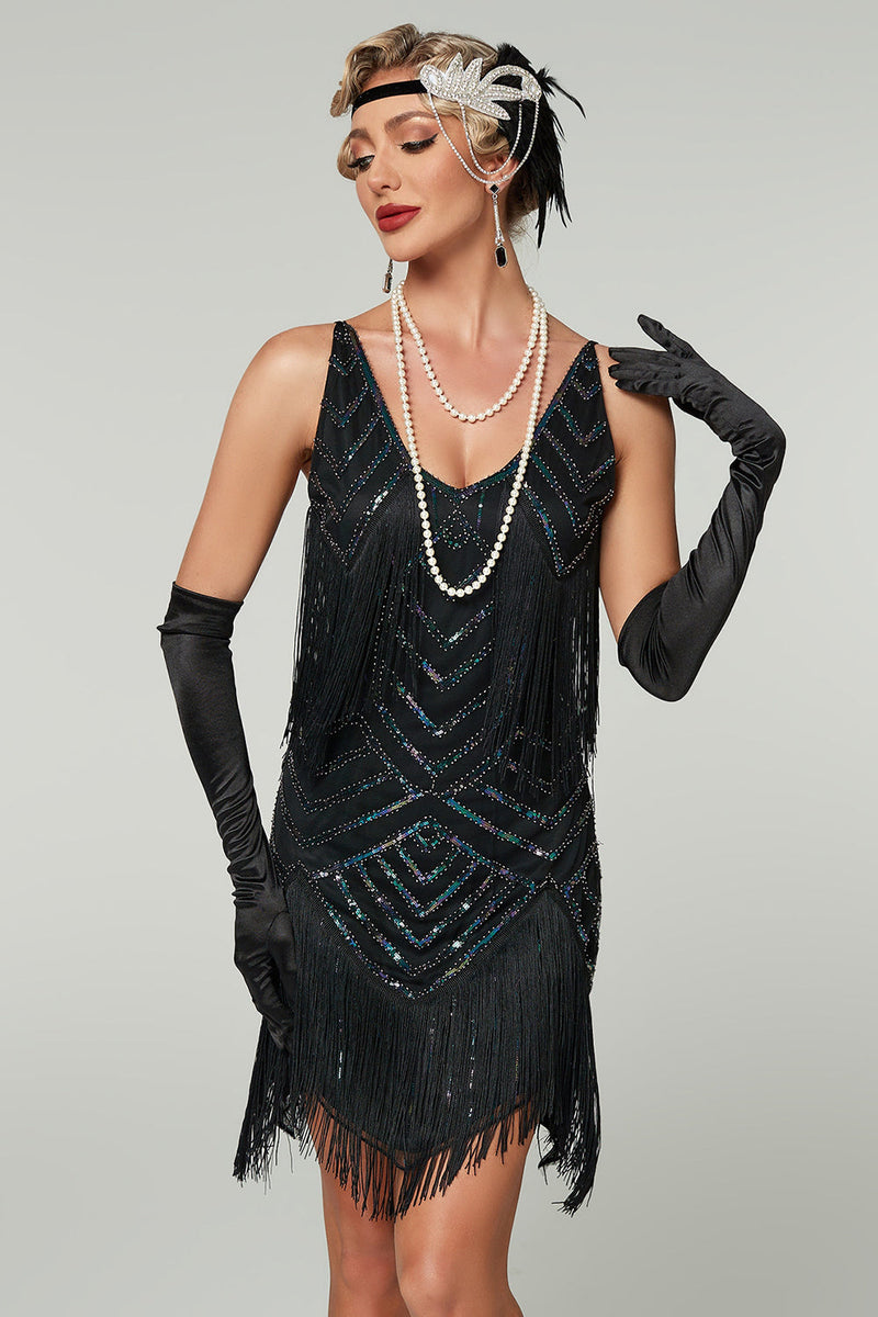 Laden Sie das Bild in den Galerie-Viewer, Glitzernd Aprikose Bodycon Rundhalsausschnitt Kurz 20er Jahre Kleid mit Fransen