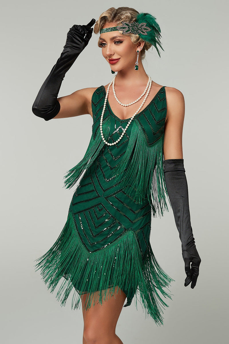 Laden Sie das Bild in den Galerie-Viewer, Glitzernd Aprikose Bodycon Rundhalsausschnitt Kurz 20er Jahre Kleid mit Fransen