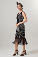 Laden Sie das Bild in den Galerie-Viewer, Glitzernd Schwarz Gold Bodycon Perlen Kurz 20er Jahre Kleid mit Fransen