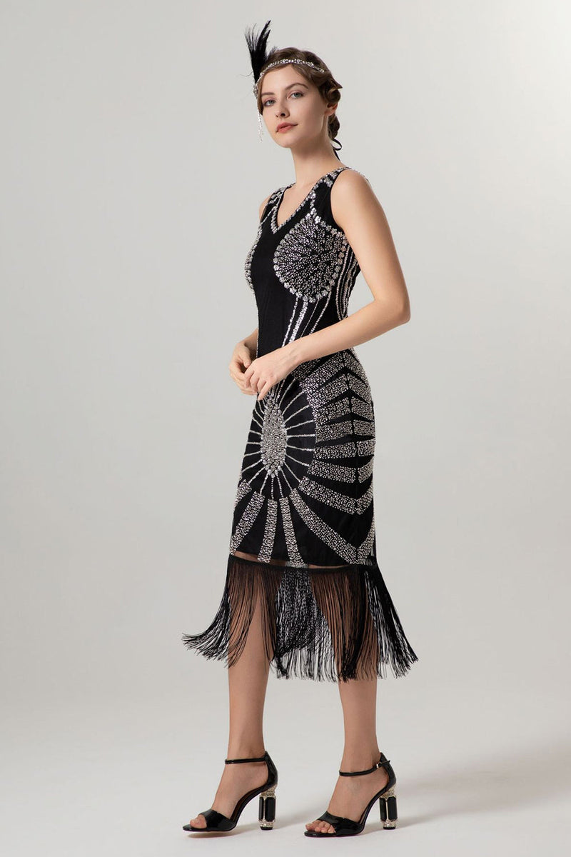 Laden Sie das Bild in den Galerie-Viewer, Glitzernd Schwarz Gold Bodycon Perlen Kurz 20er Jahre Kleid mit Fransen