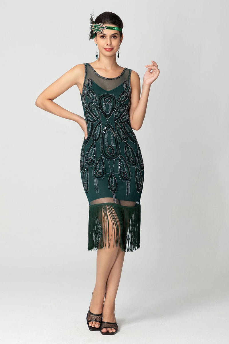 Laden Sie das Bild in den Galerie-Viewer, Glitzernd Schwarz Fransen Bodycon Perlen Kurz 20er Jahre Kleid mit Pailletten