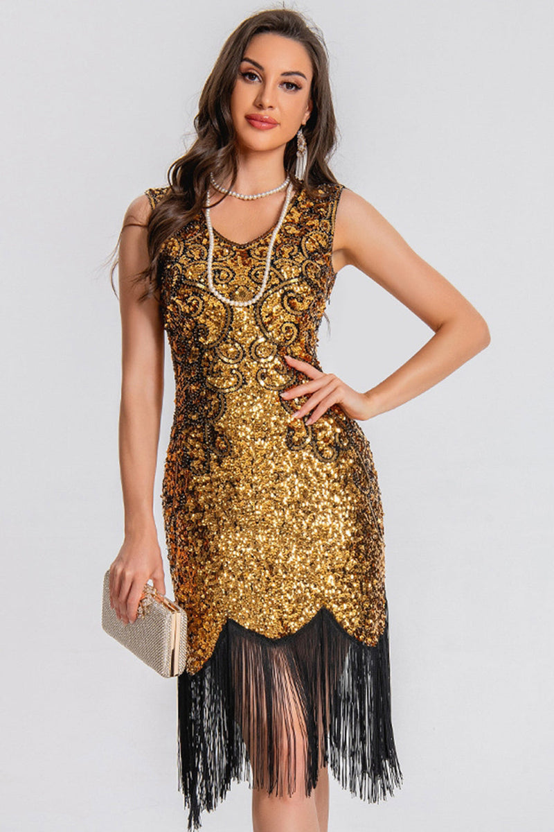 Laden Sie das Bild in den Galerie-Viewer, Glitzernd Schwarz Gold Bodycon Pailletten Kurz 20er Jahre Kleid mit Fransen