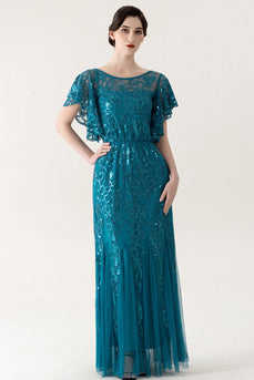 Glitzernd Blau Tüll Etuikleid Lang 20er Jahre Kleid mit Pailletten