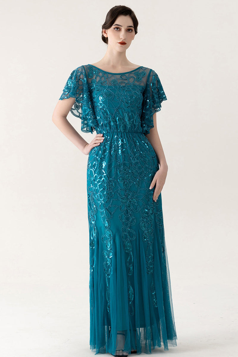 Laden Sie das Bild in den Galerie-Viewer, Glitzernd Blau Tüll Etuikleid Lang 20er Jahre Kleid mit Pailletten