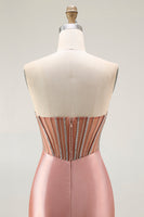 Laden Sie das Bild in den Galerie-Viewer, Glitzer Rosa Meerjungfrau Trägerlos Geraffte Lange Ballkleid mit Schlitz