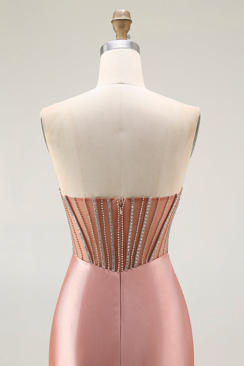 Laden Sie das Bild in den Galerie-Viewer, Glitzer Rosa Meerjungfrau Trägerlos Geraffte Lange Ballkleid mit Schlitz