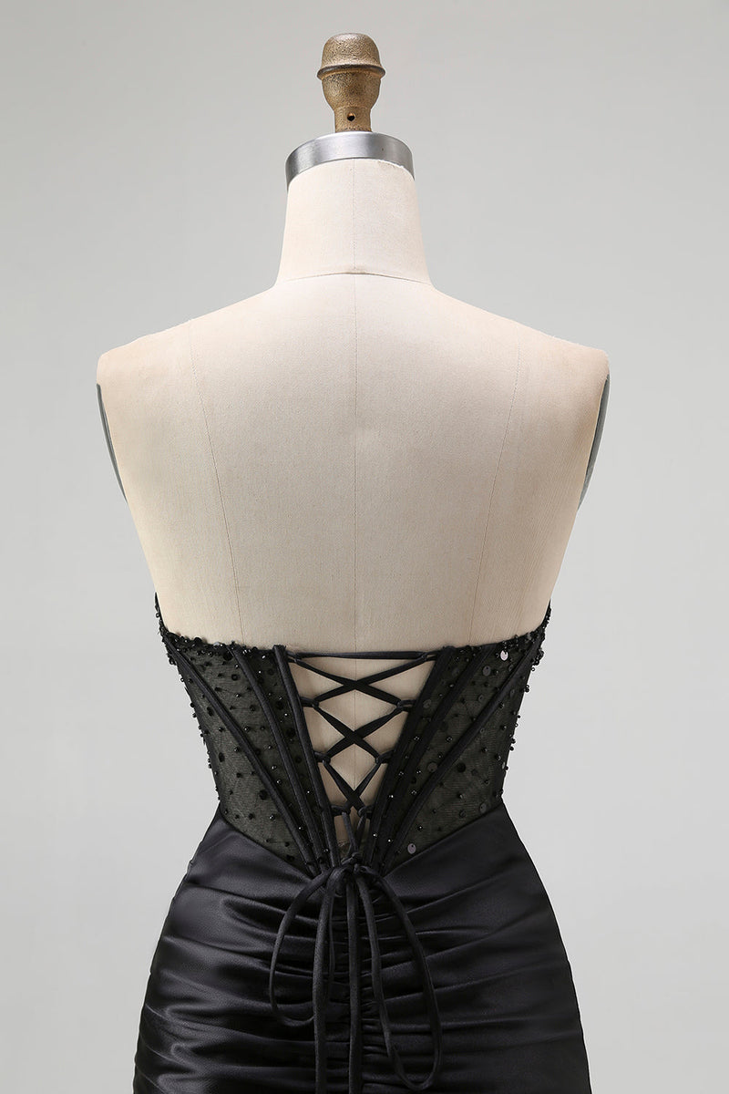 Laden Sie das Bild in den Galerie-Viewer, Glitzer Schwarz Herz-Ausschnitt Meerjungfrau Satin Lange Korsett Ballkleid mit Perlen