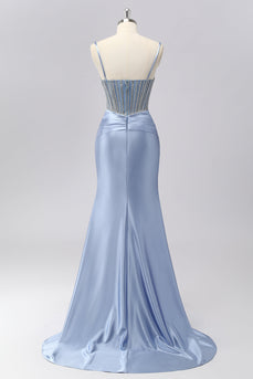 Glitzer Grau Blau Meerjungfrau Spaghettiträger Lange Ball Kleid mit Perlen