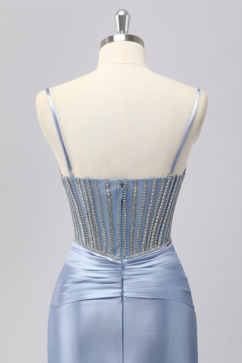 Laden Sie das Bild in den Galerie-Viewer, Glitzer Grau Blau Meerjungfrau Spaghettiträger Lange Ball Kleid mit Perlen