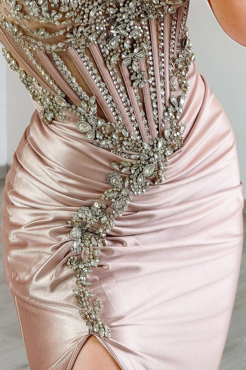 Laden Sie das Bild in den Galerie-Viewer, Glitzer Grau Rosa Meerjungfrau Satin Lange Korsett Ballkleid mit Schlitz