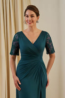 Laden Sie das Bild in den Galerie-Viewer, Tannengrün Geraffte Etui V-Ausschnitt Midi Hochzeitsgast Kleid mit Spitze