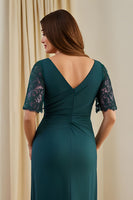 Laden Sie das Bild in den Galerie-Viewer, Tannengrün Geraffte Etui V-Ausschnitt Midi Hochzeitsgast Kleid mit Spitze