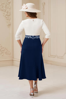 Marine A Linie U-Boot Ausschnitt Midi Hochzeitsgast Kleid mit Applikationen