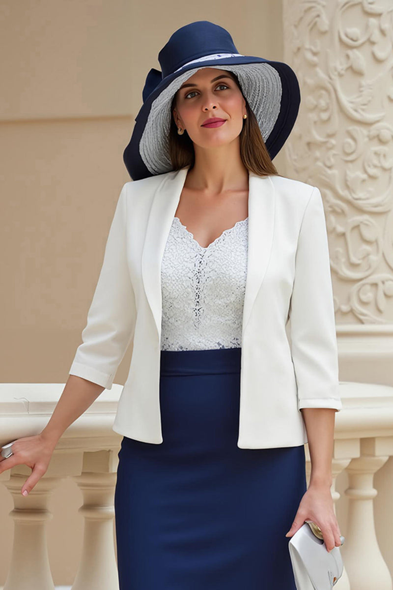 Laden Sie das Bild in den Galerie-Viewer, Marine Zweiteiler Satin Etui Midi Hochzeitsgast Kleid mit Spitze