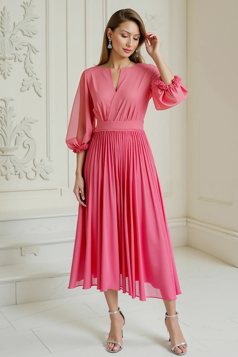 Laden Sie das Bild in den Galerie-Viewer, Hot Pink A Linie Chiffon Plissee Lange Hochzeitsgast Kleid mit Ärmel