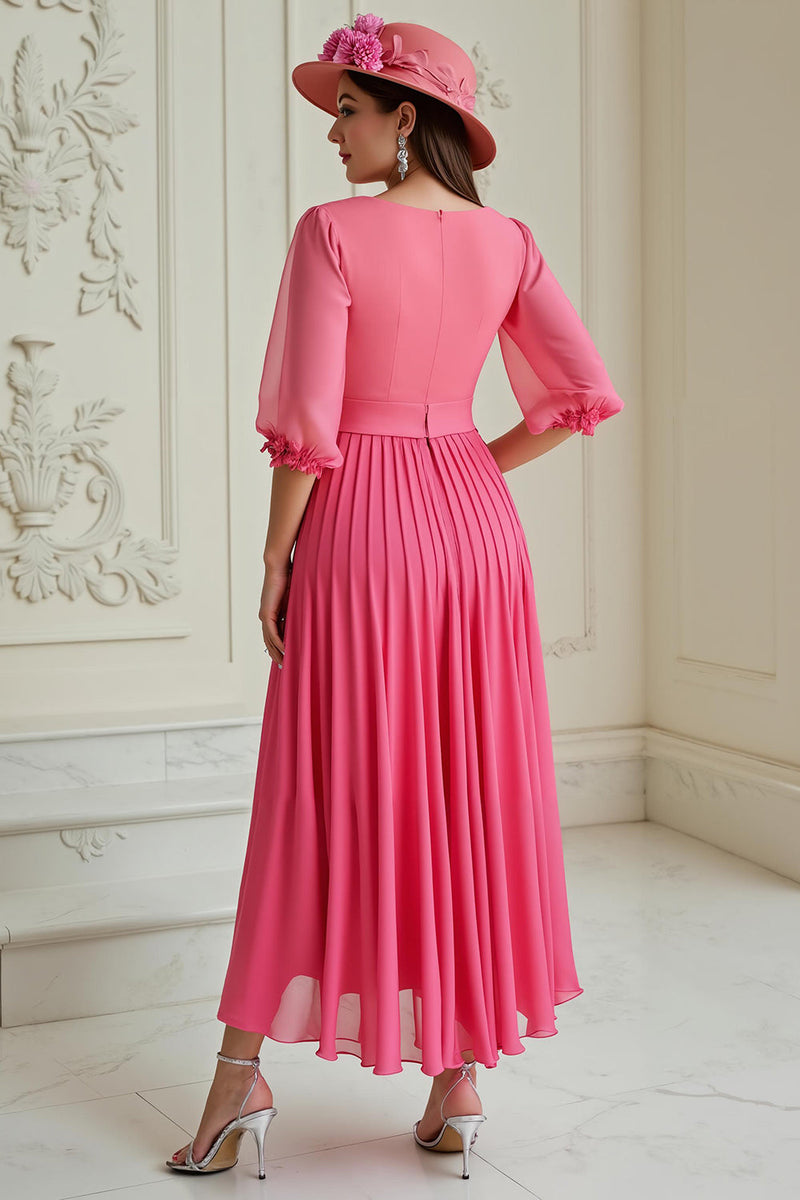 Laden Sie das Bild in den Galerie-Viewer, Hot Pink A Linie Chiffon Plissee Lange Hochzeitsgast Kleid mit Ärmel