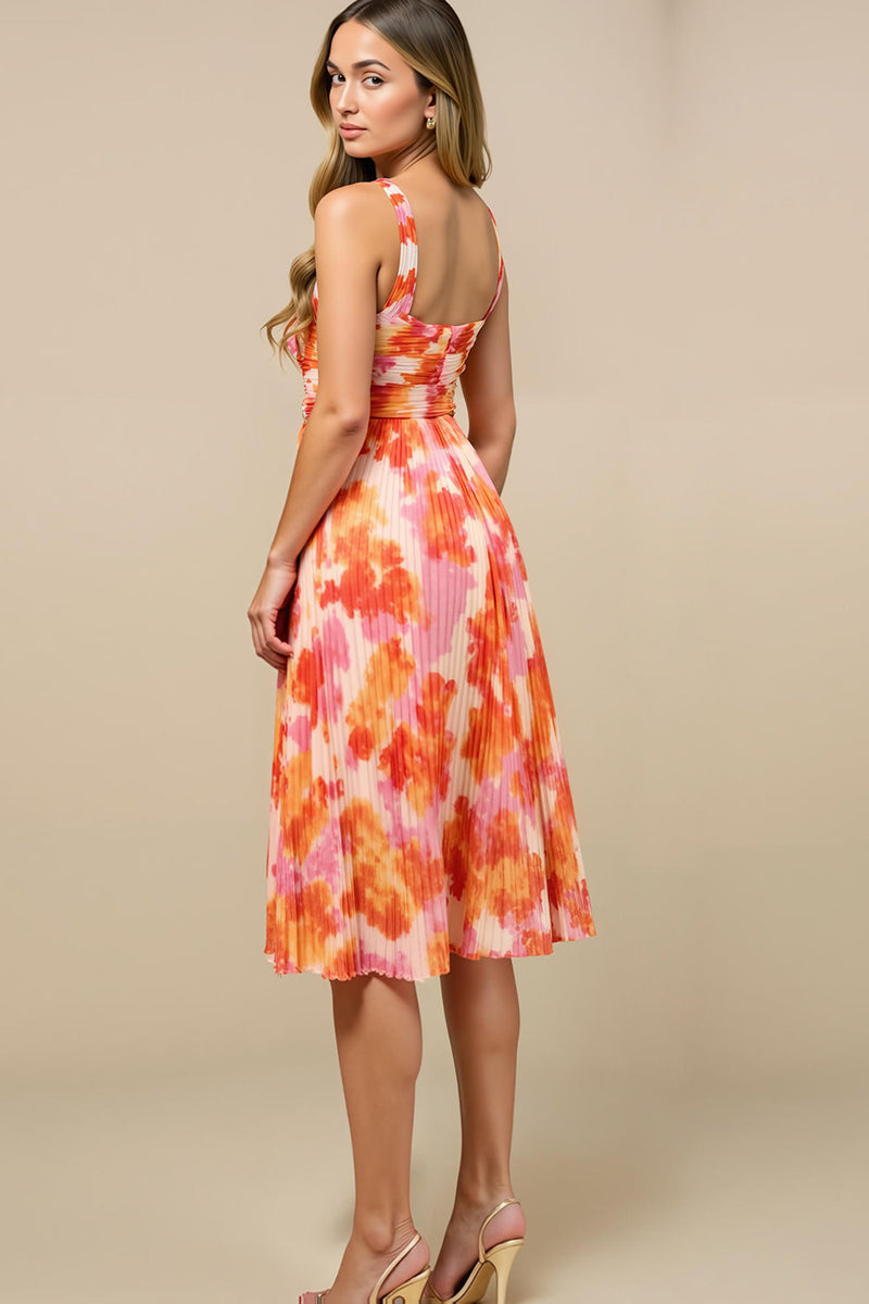 Laden Sie das Bild in den Galerie-Viewer, Sonnenuntergang Chiffon Breite Träger Falten Midikleid Hochzeitsgast Kleid