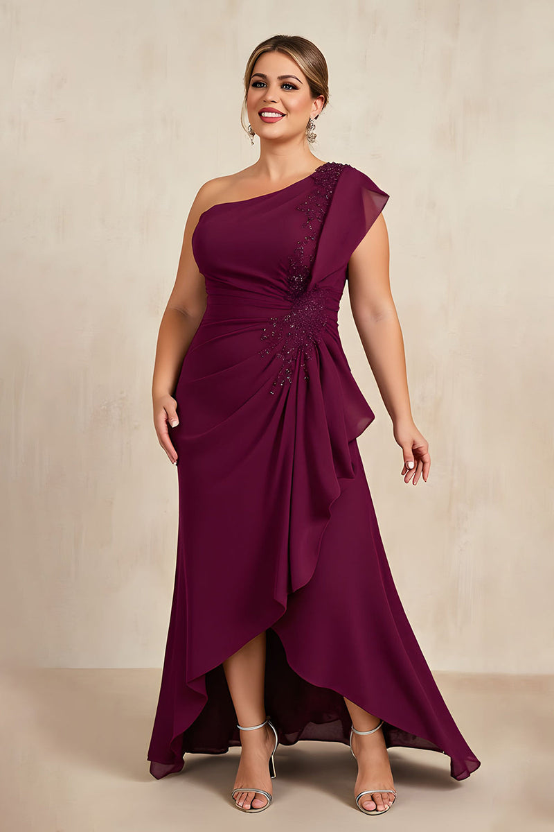Laden Sie das Bild in den Galerie-Viewer, Bordeaux Sheath Rüschenlanges Plus Size Brautmutterkleid mit Perlenstickerei