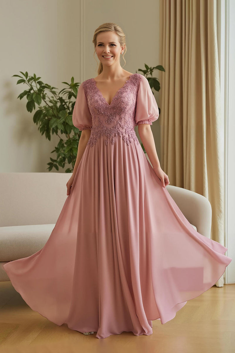 Laden Sie das Bild in den Galerie-Viewer, Dusty Rose A Linie Applikationen langes Brautmutterkleid mit Ärmeln