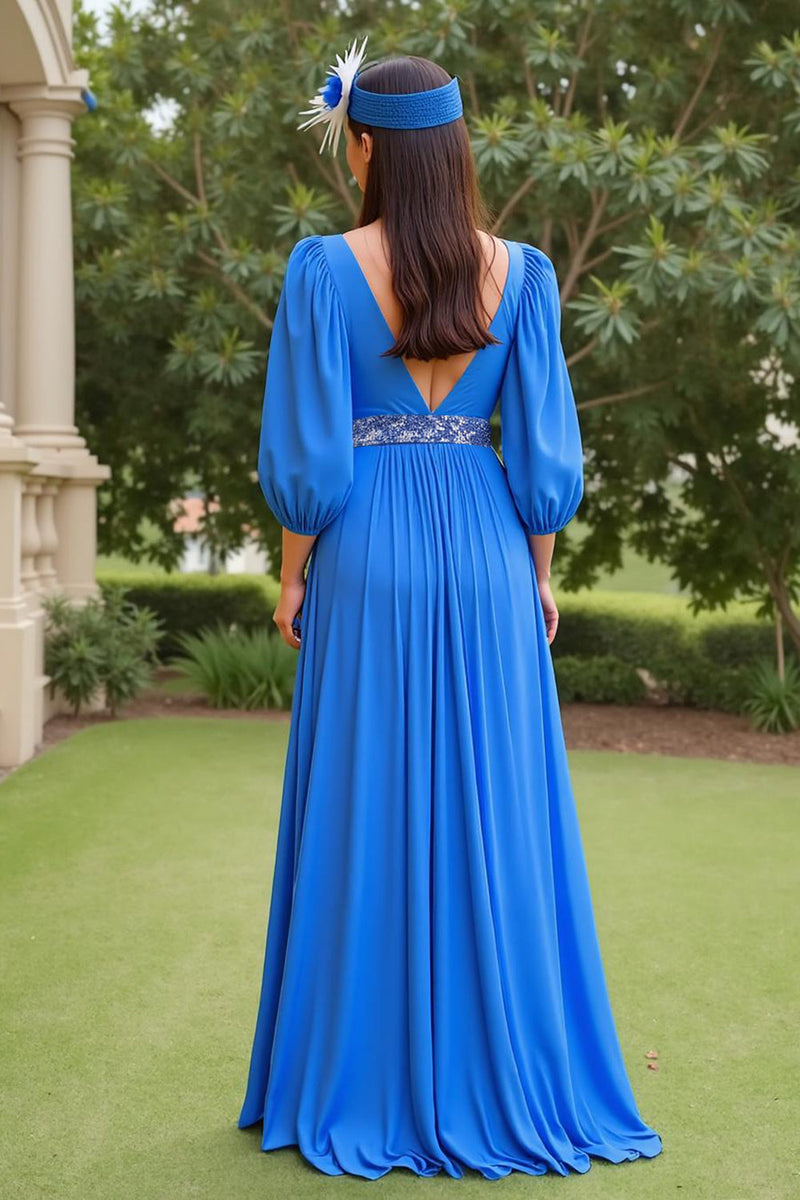 Laden Sie das Bild in den Galerie-Viewer, Blau A Linie Chiffon V-Ausschnitt Lange Brautmutterkleid mit Perlen