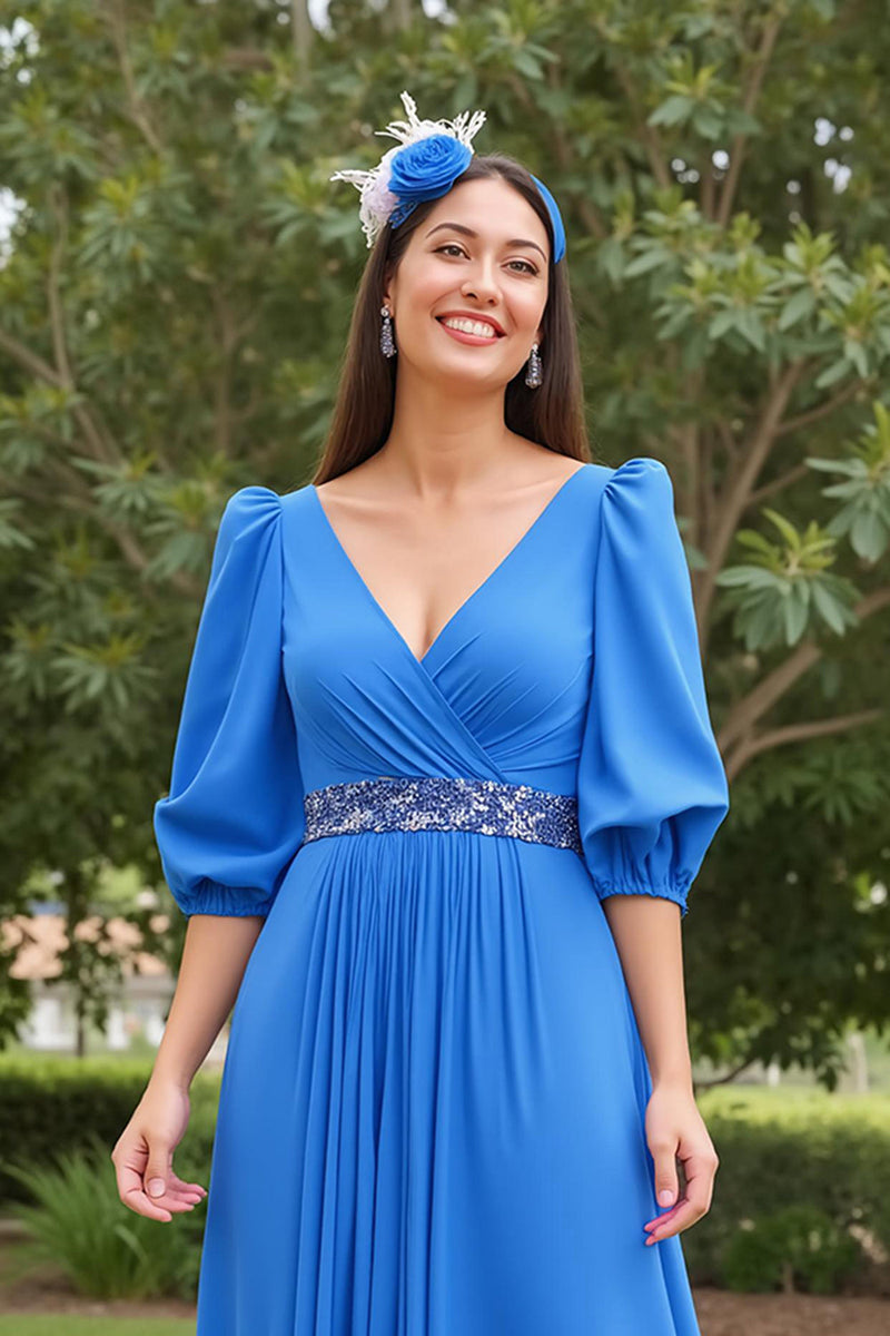 Laden Sie das Bild in den Galerie-Viewer, Blau A Linie Chiffon V-Ausschnitt Lange Brautmutterkleid mit Perlen