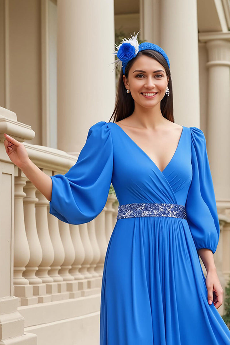 Laden Sie das Bild in den Galerie-Viewer, Blau A Linie Chiffon V-Ausschnitt Lange Brautmutterkleid mit Perlen