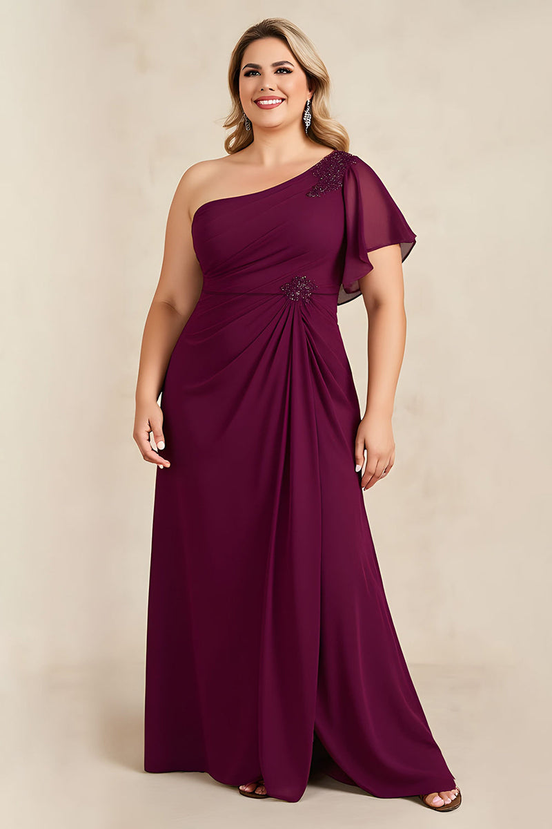 Laden Sie das Bild in den Galerie-Viewer, Bordeaux Ein Schulter Rüschenlanges Plus Size Brautmutterkleid