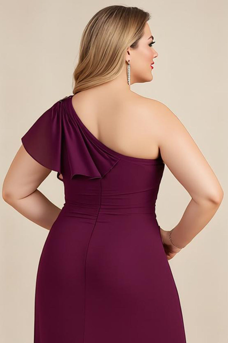 Laden Sie das Bild in den Galerie-Viewer, Bordeaux Ein Schulter Rüschenlanges Plus Size Brautmutterkleid