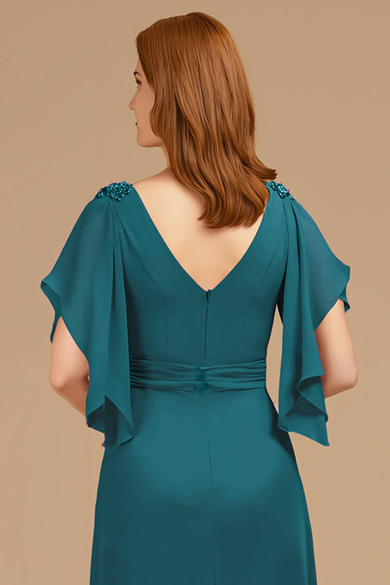 Laden Sie das Bild in den Galerie-Viewer, Traube V Ausschnitt Applikationen langes Brautmutterkleid mit Rüschen