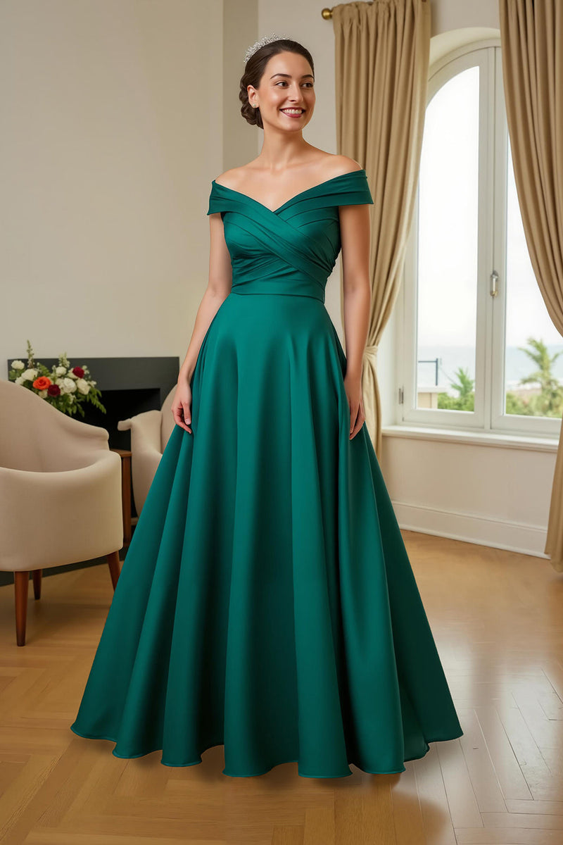 Laden Sie das Bild in den Galerie-Viewer, Dunkelgrün A Line Satin Schulterfreie langes Brautmutterkleid